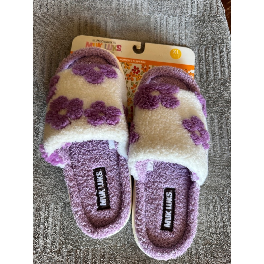 Muk Luks Marsai Purple Floral Faux Shearling Slippers XL 11-12 NWT
New